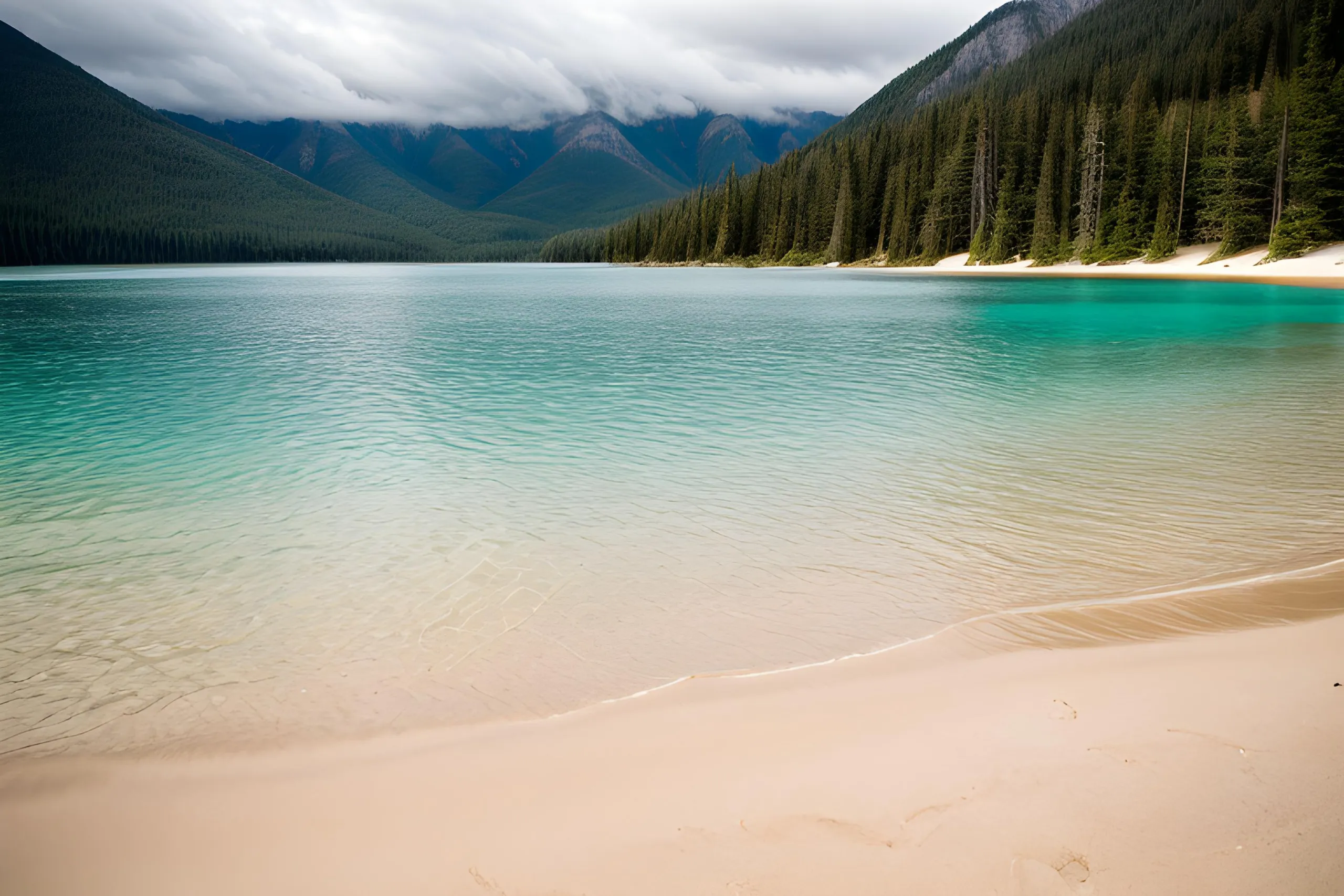 A sandy shoreline at a lake