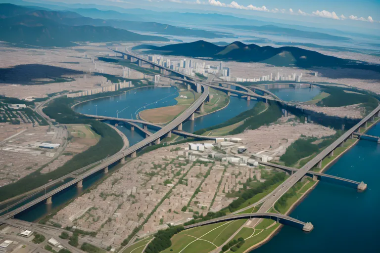 Aerial image of roads, railroads, and waterways. Illustrating an article about construction aggregate transportation costs.