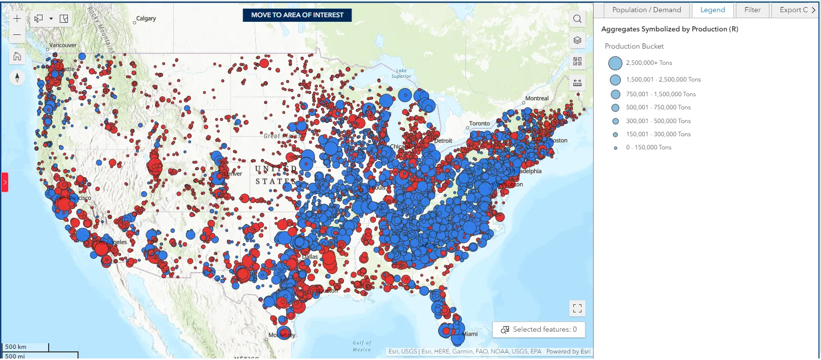 A map showing all producers of crushed stone, sand, and gravel in the United States with relative production sizes.