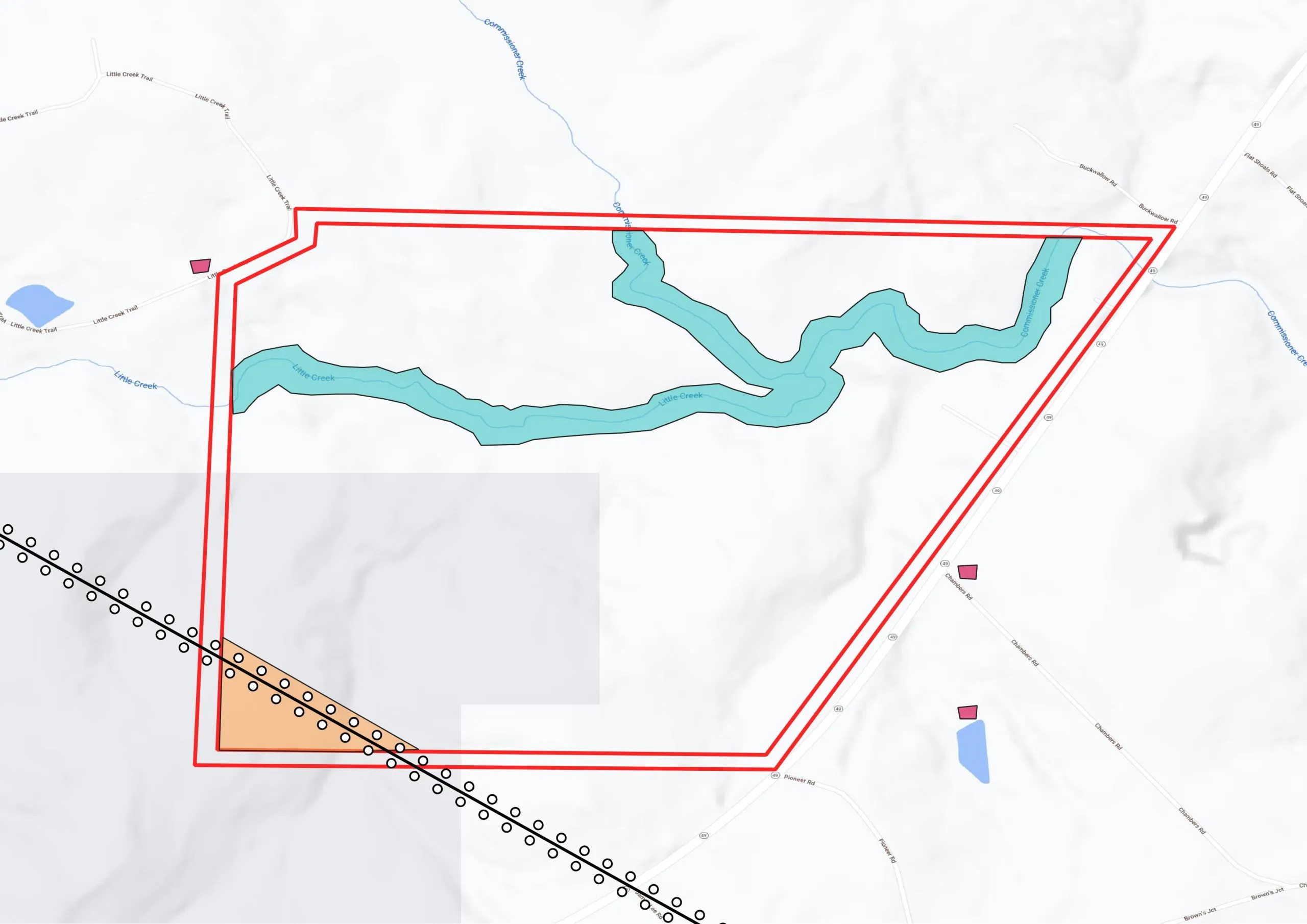 Example aggregate quarry property with powerlines buffered.